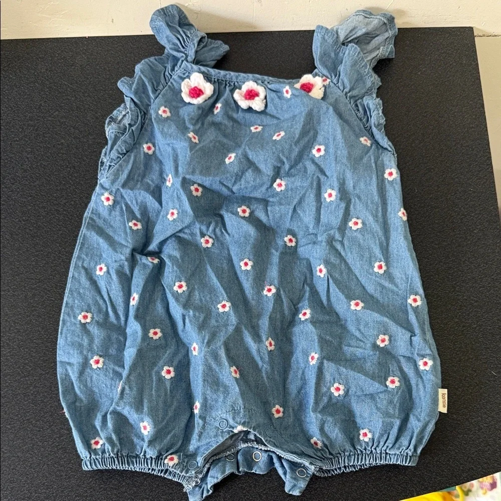 Kensie Blue Denim Floral Romper with Pink Centers